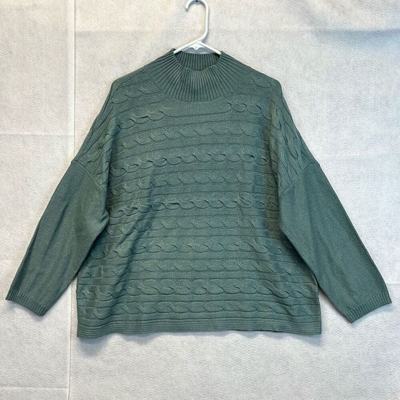 NWT J.JILL Sweater Women's XL Petite Storm Cloud Green Cable Knit Mock Neck $99 - Picture 3 of 16